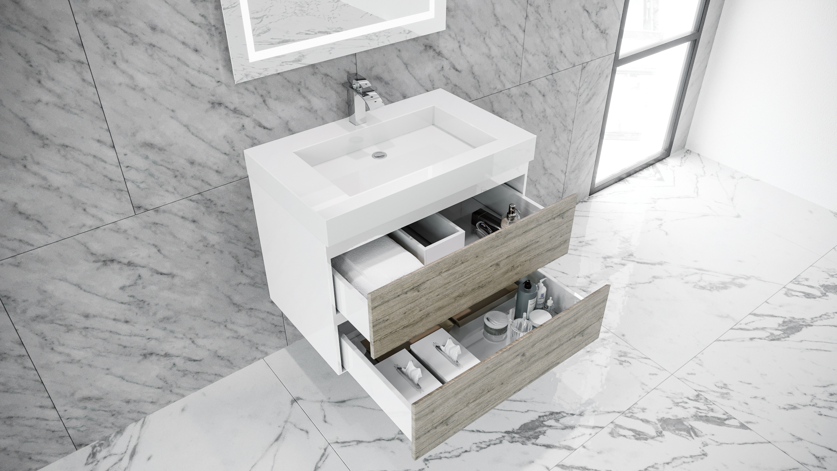 Queen 30" Rustic Gray White Wall Mount Single Sink Modern Bathroom Vanity