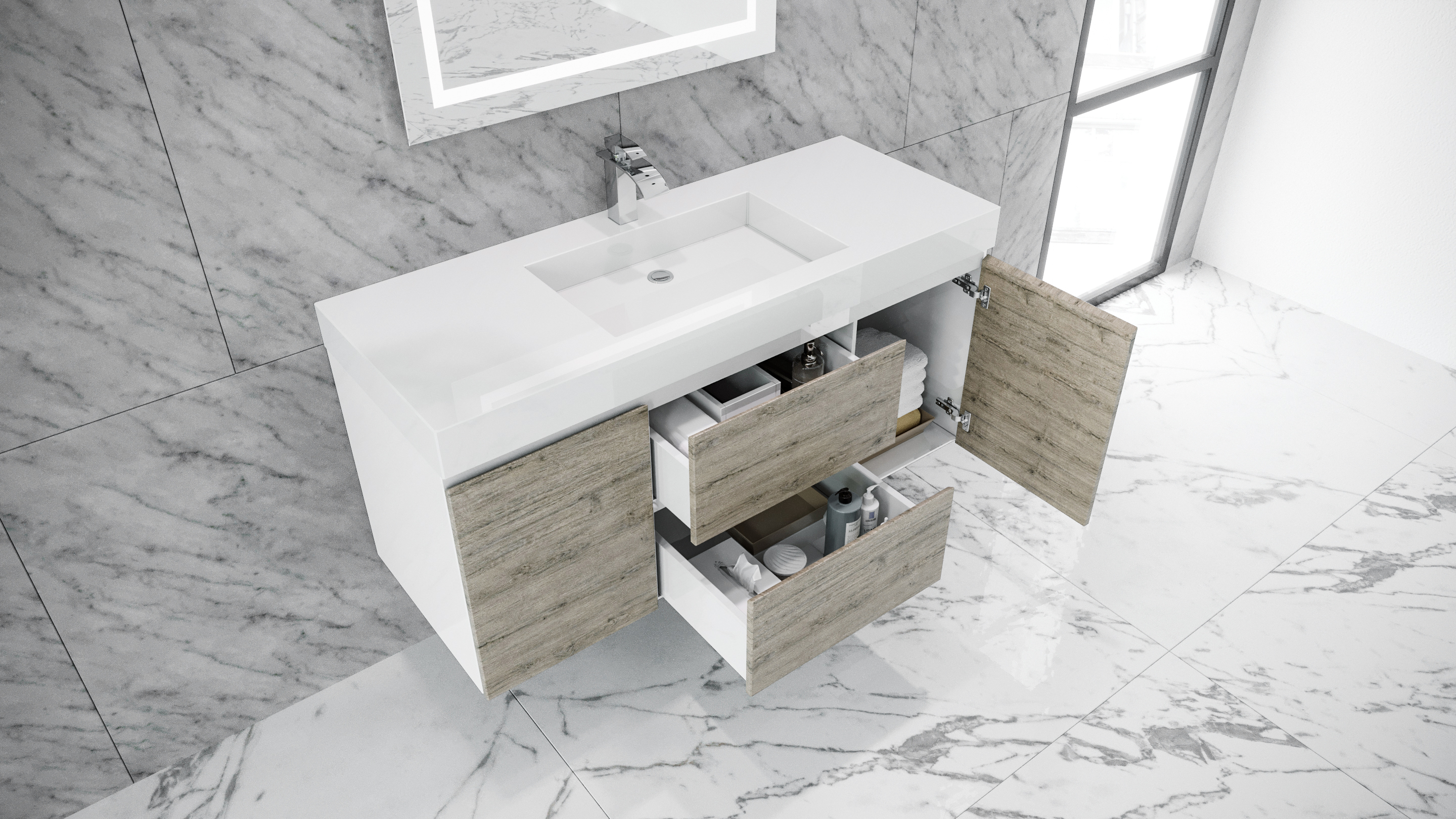 Queen 48" Rustic Gray White Wall Mount Single Sink Modern Bathroom Vanity