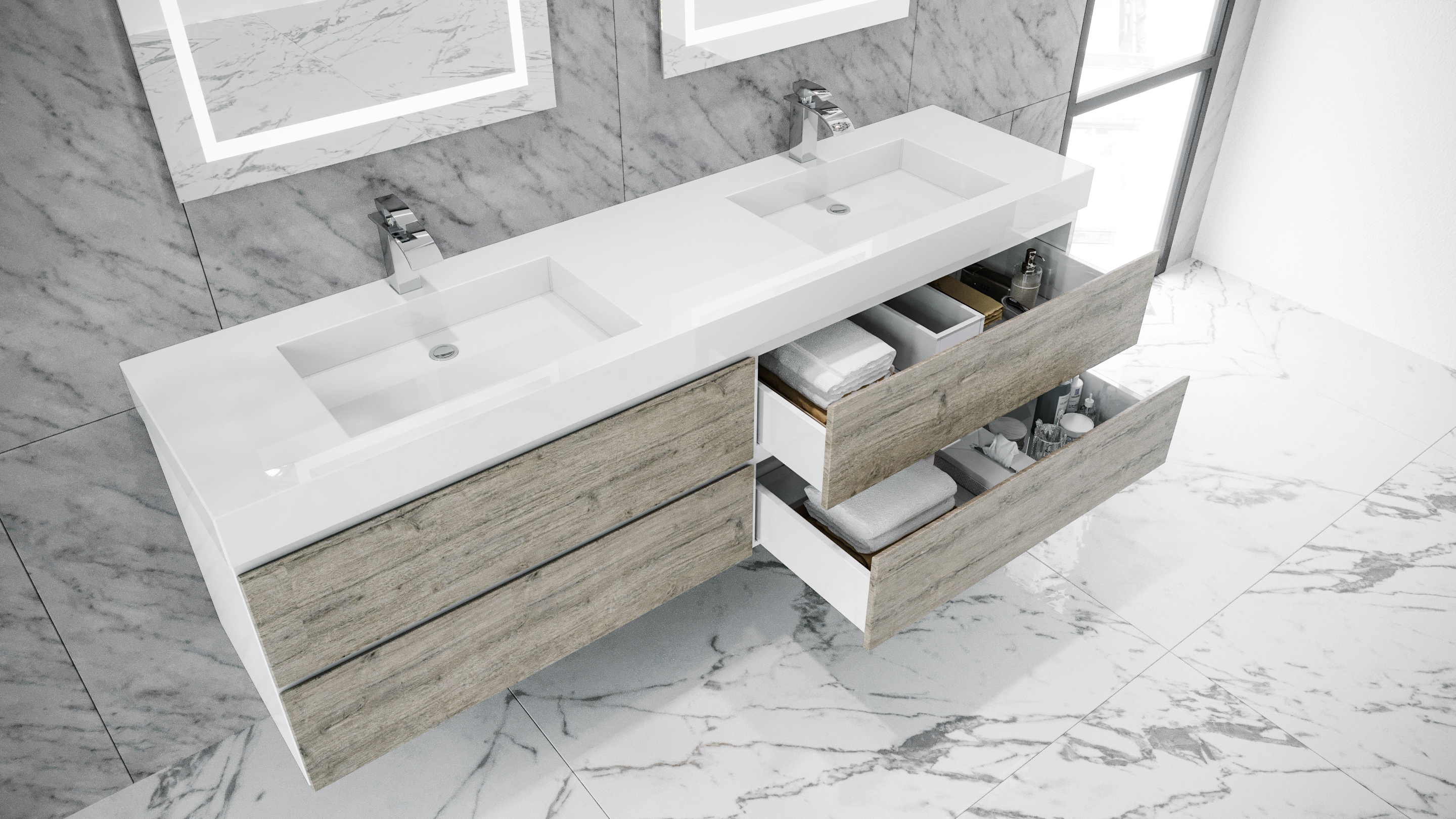 Queen 72" Rustic Gray White Wall Mount Double Sink Modern Bathroom Vanity