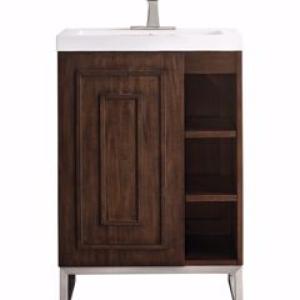 Alicante 24IN Single Vanity Mid-Century Acacia Brushed Nickel w/ White Glossy Composite Stone Top