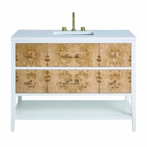 Olena 48IN Single Vanity Light Mappa Burl and Polished White w/ 3 CM White Zeus Silestone Top