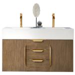 Columbia 59IN Double Wall Mount Vanity Latte Oak Radiant Gold w/ Glossy White Composite Stone Top