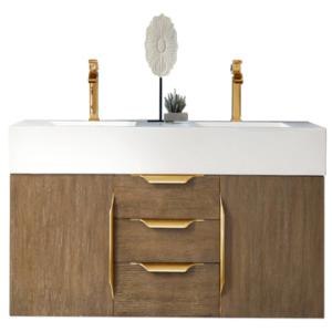 Columbia 59IN Double Wall Mount Vanity Latte Oak Radiant Gold w/ Glossy White Composite Stone Top