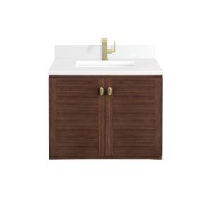 Amberly 30IN Single Vanity Mid-Century Walnut w/ Single Hole 3 CM White Zeus Top & Backsplash