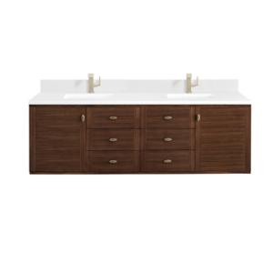 Amberly 72IN Double Vanity Mid-Century Walnut w/ Single Hole 3 CM White Zeus Top & Backsplash