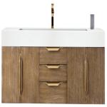 Columbia 72IN Single Wall Mount Vanity Latte Oak Radiant Gold w/ Glossy White Composite Stone Top
