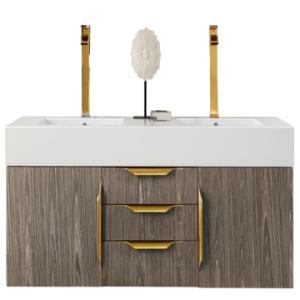 Columbia 59IN Double Wall Mount Vanity Ash Gray Radiant Gold w/ Glossy White Composite Stone Top