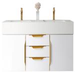 Columbia 59IN Double Wall Mount Vanity Glossy White Radiant Gold w/ Glossy White Composite Stone Top