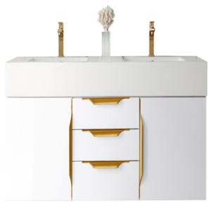 Columbia 59IN Double Wall Mount Vanity Glossy White Radiant Gold w/ Glossy White Composite Stone Top