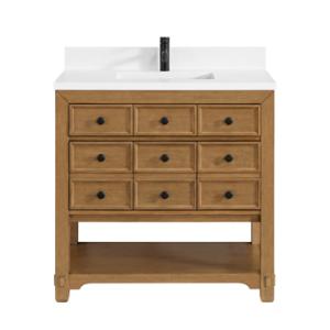 Malibu 36IN Single Vanity Amber Birch w/ Single Hole 3 CM White Zeus Top & Backsplash