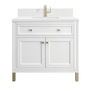 Chicago 36IN Single Vanity Glossy White w/ Single Hole 3CM White Zeus Silestone Top & Backsplash
