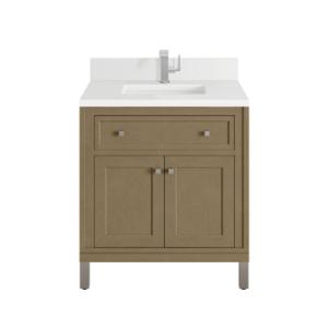 Chicago 30IN Single Vanity Walnut Whisper w/ Single Hole 3CM White Zeus Silestone Top & Backsplash