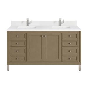 Chicago 60IN Double Vanity Walnut Whisper w/ Single Hole 3CM White Zeus Silestone Top & Backsplash