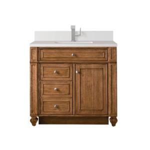 Bristol 36IN Single Vanity Saddle Brown w/ Single Hole 3 CM White Zeus Silestone Top & Backsplash