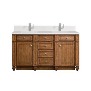 Bristol 60IN Double Vanity Saddle Brown w/ Single Hole 3 CM White Zeus Silestone Top & Backsplash