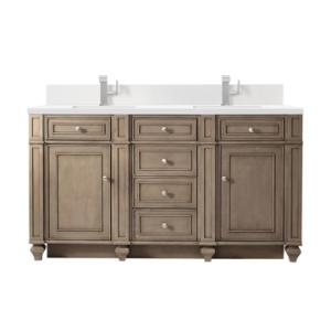 Bristol 60IN Double Vanity Whitewashed Walnut w/ Single Hole 3 CM White Zeus Silestone Top & Backsplash