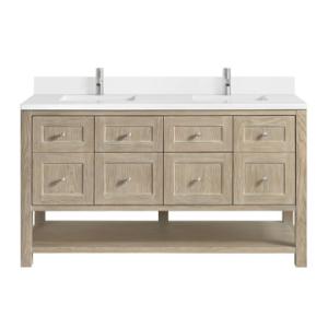 Breckenridge 60IN Double Vanity Whitewashed Oak w/ Single Hole 3 CM White Zeus Quartz Top & Backsplash