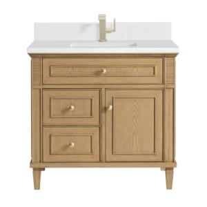 Lorelai 36IN Single Vanity Light Natural Oak w/ Single Hole 3 CM White Zeus Silestone Top & Backsplash