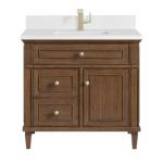 Lorelai 36IN Single Vanity Mid-Century Walnut w/ Single Hole 3 CM White Zeus Silestone Top & Backsplash