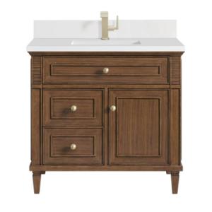 Lorelai 36IN Single Vanity Mid-Century Walnut w/ Single Hole 3 CM White Zeus Silestone Top & Backsplash