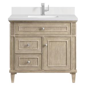 Lorelai 36IN Single Vanity Whitewashed Oak w/ Single Hole 3 CM White Zeus Silestone Top & Backsplash