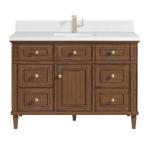 Lorelai 48IN Single Vanity Mid-Century Walnut w/ Single Hole 3 CM White Zeus Silestone Top & Backsplash