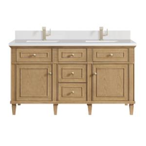 Lorelai 60IN Double Vanity Light Natural Oak w/ Single Hole 3 CM White Zeus Silestone Top & Backsplash