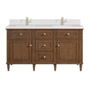 Lorelai 60IN Double Vanity Mid-Century Walnut w/ Single Hole 3 CM White Zeus Silestone Top & Backsplash