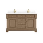 Brookfield 60IN Double Vanity Pecan w/ Single Hole 3 CM White Zeus Silestone Top & Backsplash