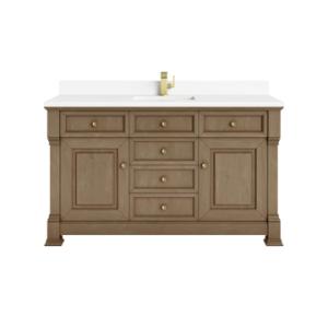 Brookfield 60IN Single Vanity Pecan w/ Single Hole 3 CM White Zeus Silestone Top & Backsplash