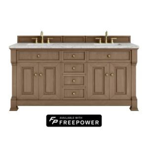 Brookfield 72IN Double Vanity Pecan w/ 3 CM Eternal Jasmine Pearl Silestone Top w/ Faucet Plate