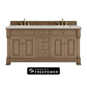 Brookfield 72IN Double Vanity Pecan w/ 3 CM Victorian Silver Silestone Top w/ Faucet Plate