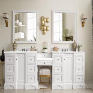 De Soto 118IN Double Vanity Set Bright White w/ 3 CM White Zeus Silestone Top