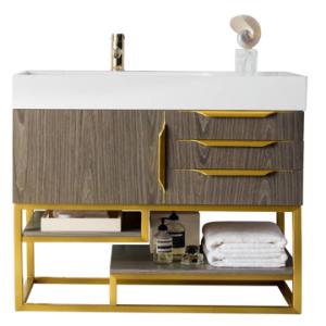 Columbia 36IN Single Vanity Ash Gray Radiant Gold w/ Glossy White Composite Stone Top