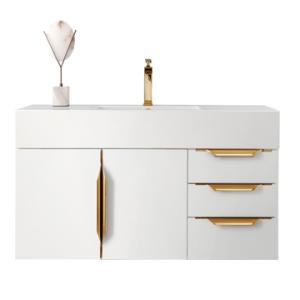 Columbia 48IN Single Wall Mount Vanity Glossy White Radiant Gold w/ Glossy White Composite Stone Top