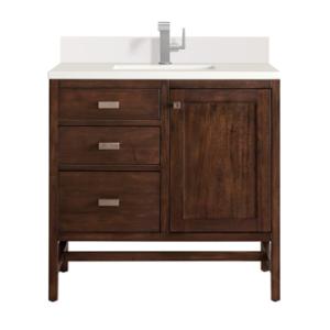 Addison 36IN Single Vanity Mid-Century Acacia w/ Single Hole 3 CM White Zeus Silestone Top & Backsplash