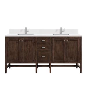 Addison 72IN Double Vanity Mid-Century Acacia w/ Single Hole 3 CM White Zeus Silestone Top & Backsplash