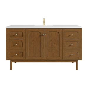 Laurent 60" Single Vanity, Honey Oak w/ Single Hole 3 CM White Zeus Silestone Top and Matching Backsplash