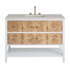 Olena 48" Single Vanity, Light Mappa Burl and Polished White, w/ 3 CM Siberian Silestone Top