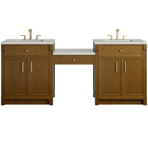 Bellshire 84" Dual Vanity Set with 24" Make-Up Counter, Honey Oak w/3 cm Lime Delight Silestone Top