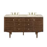 Amberly 60" Double Vanity, Mid-Century Walnut, w/ 3 CM Tajnar Eclos Top w/FreePower Wireless Charger