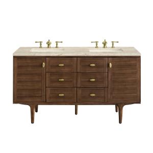Amberly 60" Double Vanity, Mid-Century Walnut, w/ 3 CM Tajnar Eclos Top w/FreePower Wireless Charger