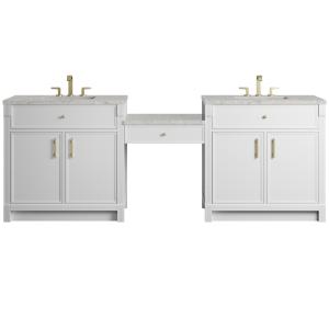 Bellshire 96" Dual Vanity Set with 24" Make-Up Counter, Bright White w/3 cm Eternal Jasmine Pearl Silestone Top