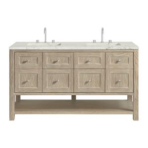 Breckenridge 60" Double Vanity, Whitewashed Oak, w/ 3 CM Victorian Silver Quartz Top w/FreePower Wireless Charger