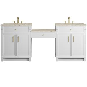 Bellshire 84" Dual Vanity Set with 24" Make-Up Counter, Bright White w/3 cm Tajnar Eclos Top