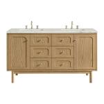 Laurent 60" Double Vanity, Light Natural Oak, w/ 3 CM Victorian Silver Quartz Top w/FreePower Wireless Charger