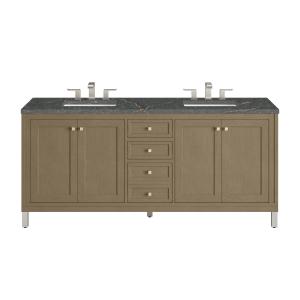 Chicago 72" Double Vanity, Walnut Whisper, w/ 3 CM Parisien Bleu Silestone® Top w/FreePower Wireless Charger
