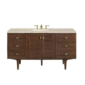 Amberly 60" Single Vanity, Mid-Century Walnut, w/ 3 CM Tajnar Eclos Top w/FreePower Wireless Charger