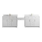 Bellshire 120" Dual Vanity Set with 24" Make-Up Counter, Bright White w/Single Hole 3 cm White Zeus Silestone Top & Backsplash