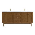Laurent 72" Double Vanity, Honey Oak w/ Single Hole 3 CM White Zeus Silestone Top and Matching Backsplash